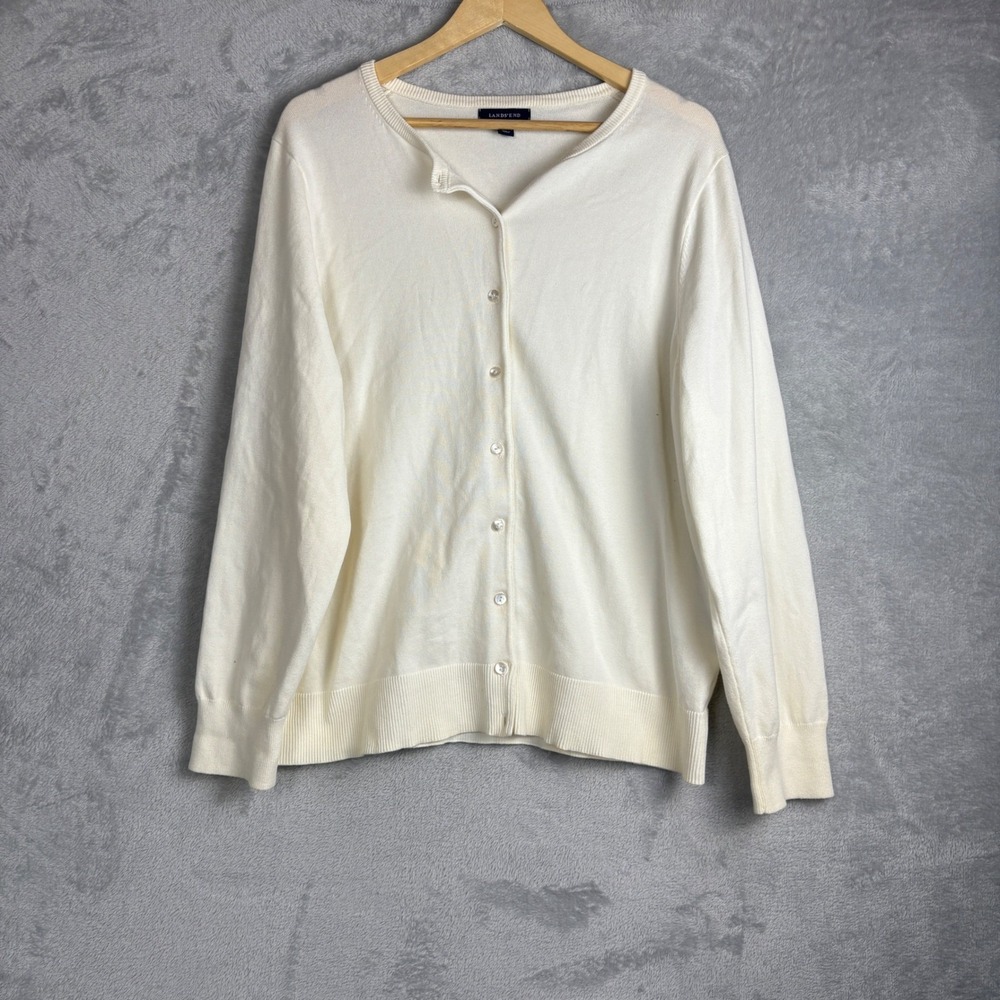 Lands End Cardigan 1X Cream Cotton Blend Button Front Long Sleeve Sweater Cozy